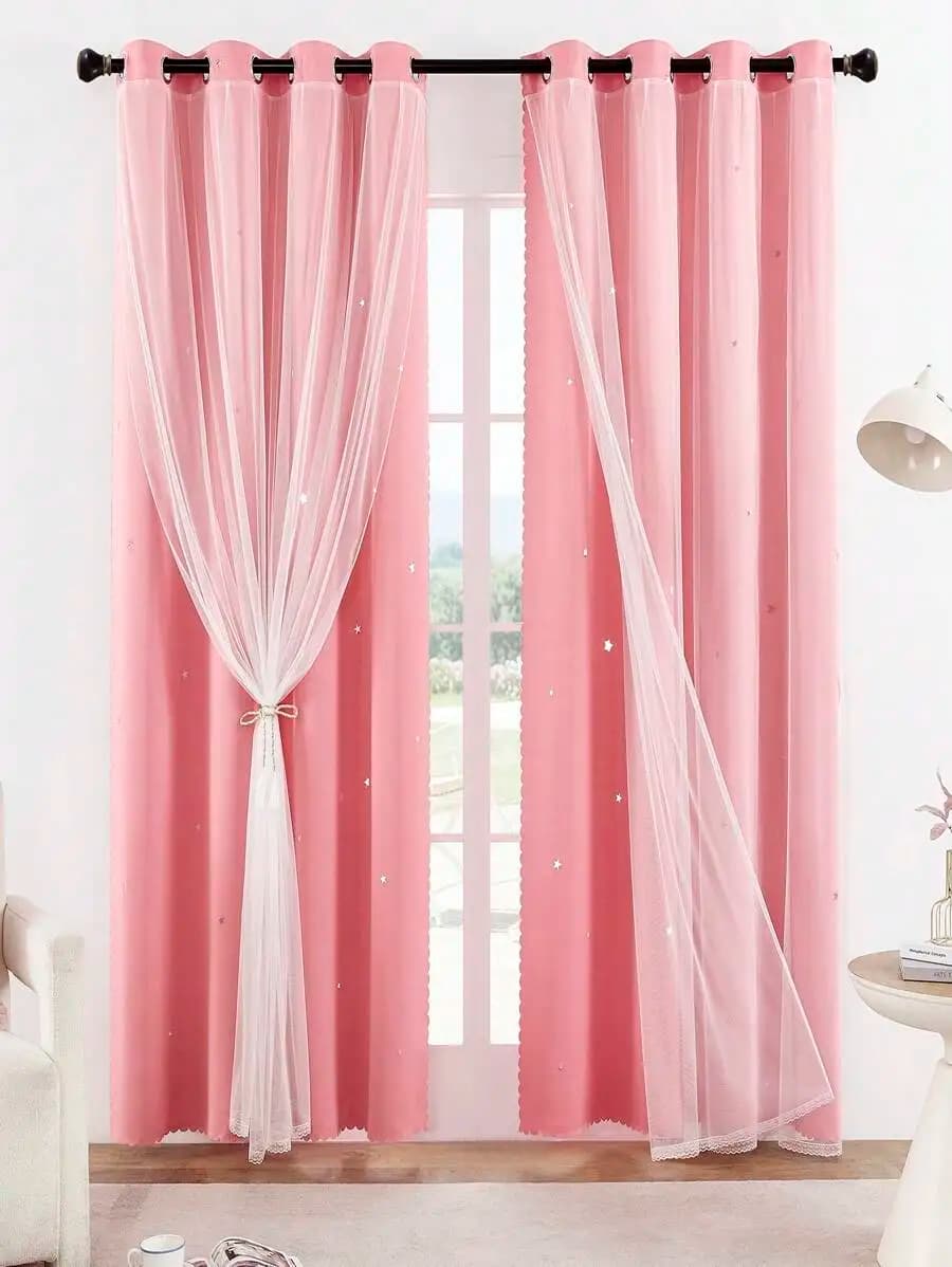 1pc Hollow Star Double Layer Voile Curtain, Top Ring, Cute Hollow Star Sheer Curtain, Suitable For Bedroom Blackout Curtain,