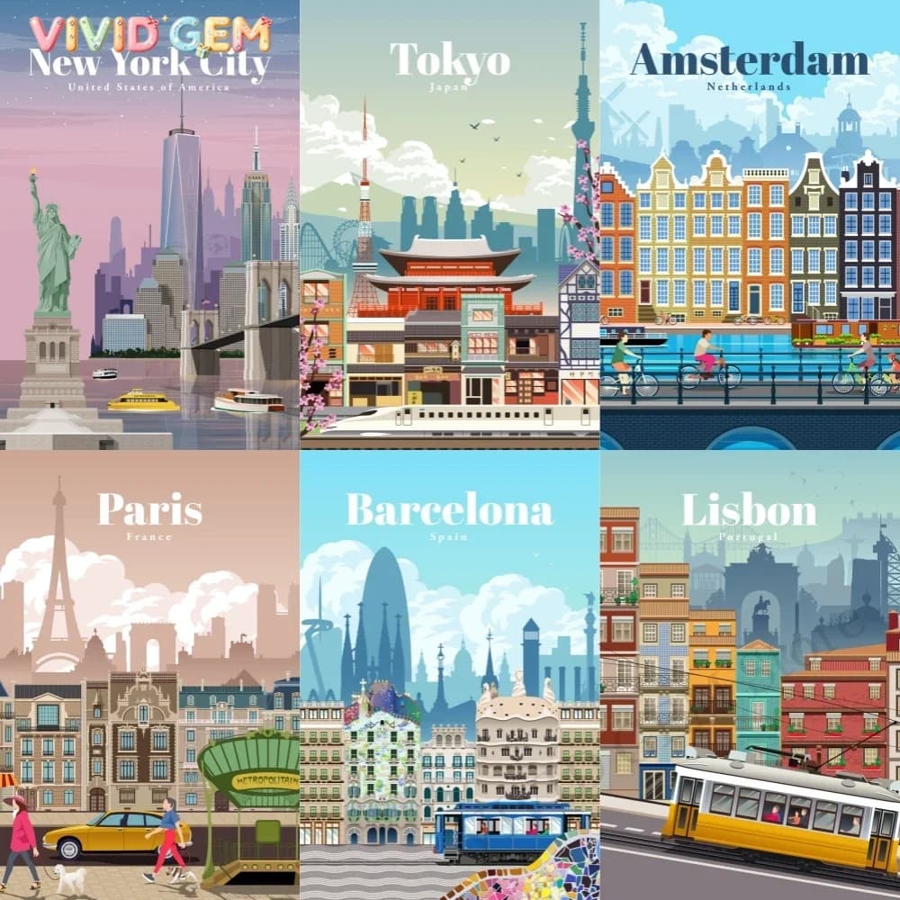 VIVID GEM 5D Landscape Diamond Painting Personalized Cities Around The World Full Rhinestone Mosaic Embroidery Cross Stitch K