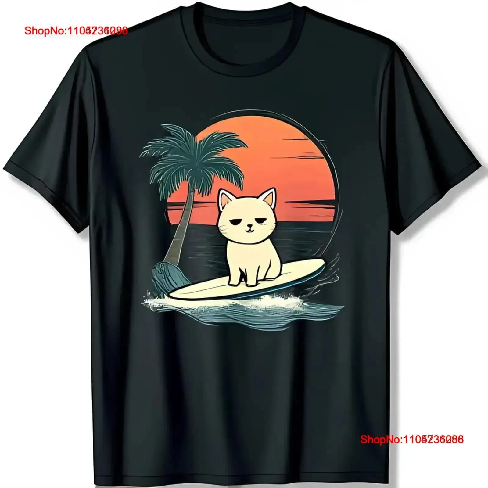 Fantastica maglietta nera con surf White Cat Sunset Tree Design vintage lavato Abiti firmati versatili Comodo e traspirante
