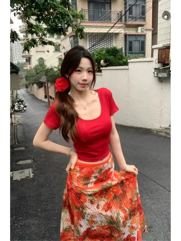 Vibrant Red plus Size T-Shirt Skirt Set Women's Fashion Summer Outfit High Waist Half Length Printed Casual Commute Style