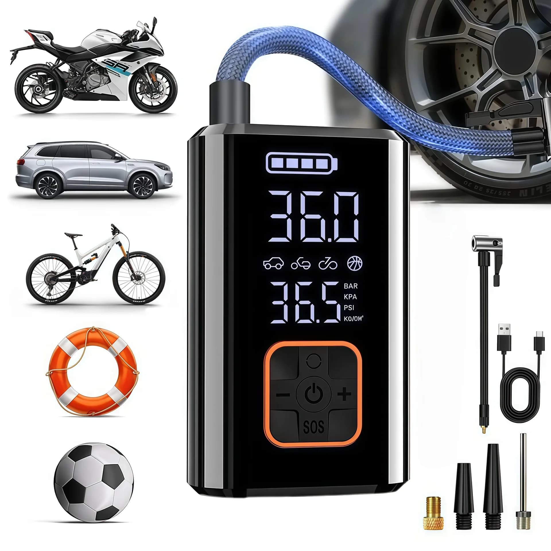 Pompa d'Aria Elettrica Portatile Wireless per Auto, Gonfiatore Intelligente Universale Multifunzionale per Sedan, SUV, Fuoristrada e Biciclette
