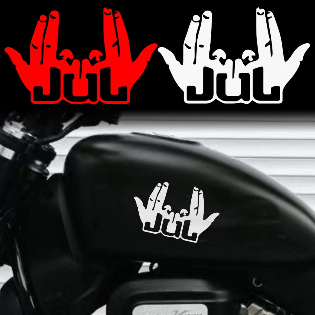 1PCS 2025 Nuovo Divertente JUL Dito Adesivi Moto Moto Casco Serbatoio Carburante Carenatura Anteriore Scooter Decalcomania Del Vinile Accessori