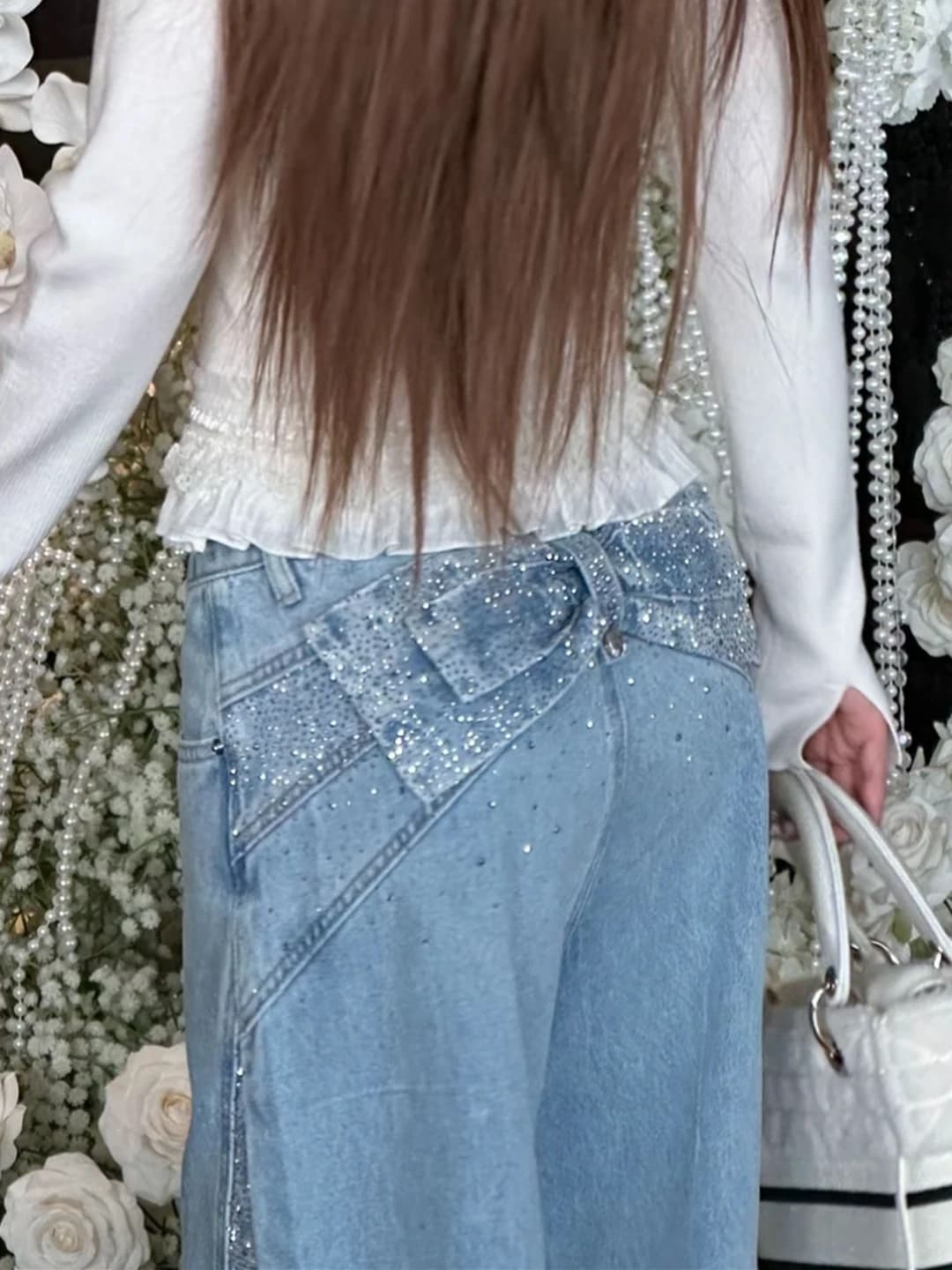 Shiny Heavy Duty Rhinestone Knot Wide Leg Jeans Women's Spring 2026 New American Loose Straight Cut Denim Pants