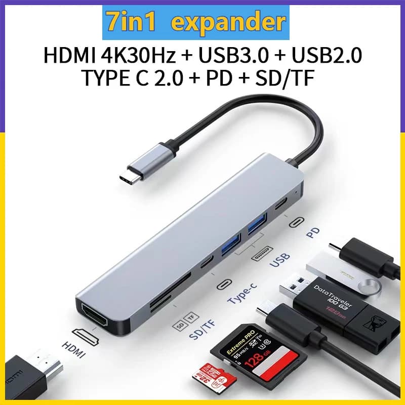 【Spedizione Rapida】Hub USB C 7 IN 1 4K 30Hz 6 IN 1 da Tipo C a HDMI 4K 2 Porte USB 3.0 Lettore di Schede SD TF PD87W