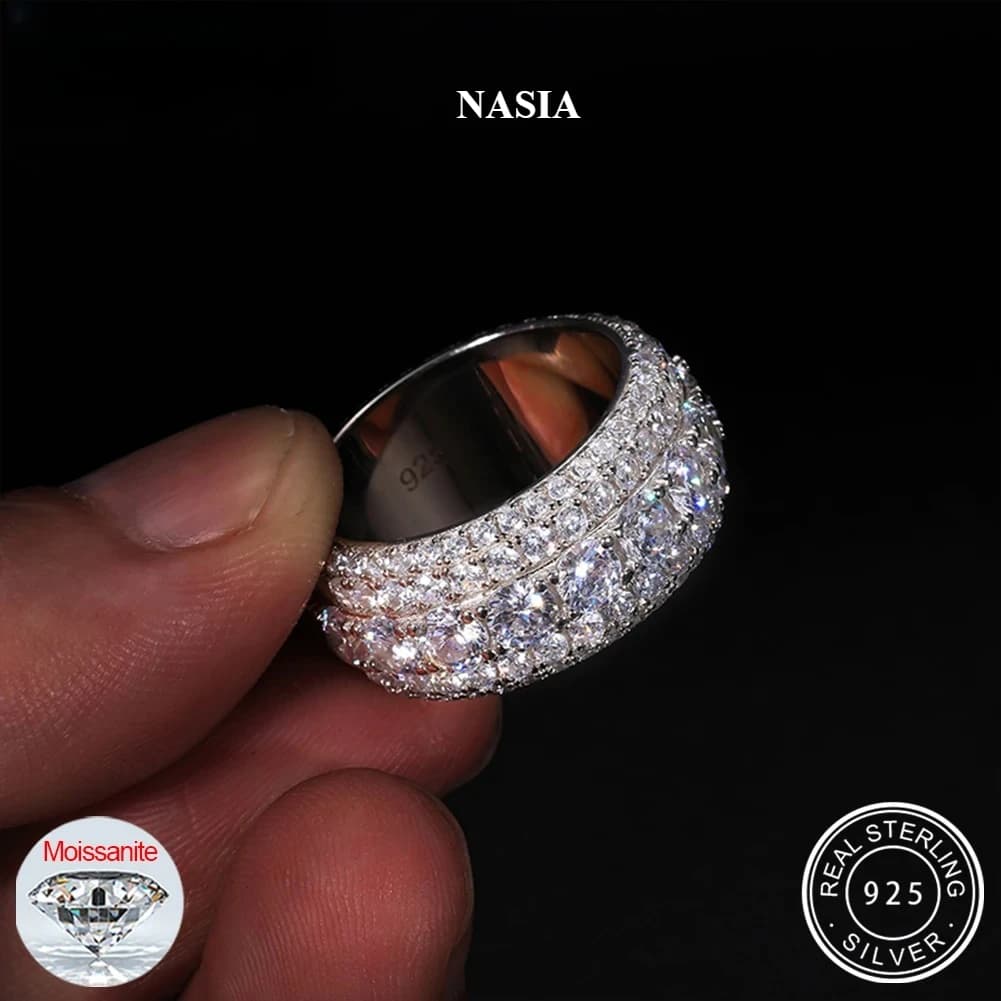 NASIA VVS1 3 Row 11mm Width Moissanite Ring in S925 Silver Ring Hip Hop Jewelry Pave Setting Certificate Fine Jewlery Gift 2026