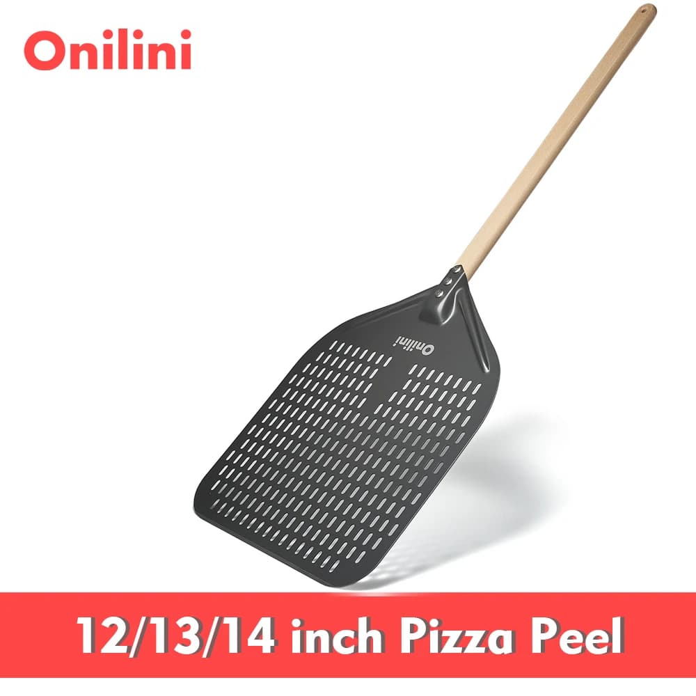 Onilini 12/13/14 pollici dura anodizzata buccia di pizza perforata pentole pala rettangolare per pizza con manico in legno
