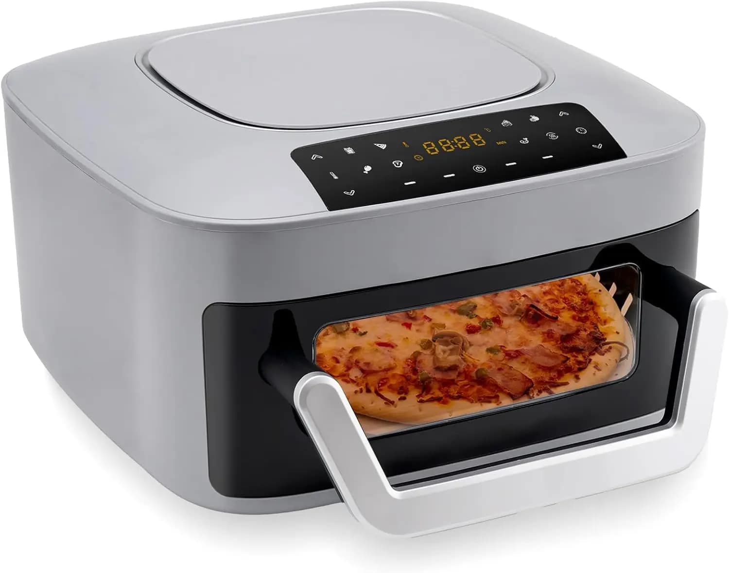 8-in-1 Air Fryer with Top and Bottom Heating, 4QT Indoor Pizza Oven - 360° Airflow, Viewing Window, No-Flip Cooking, Includes Pi