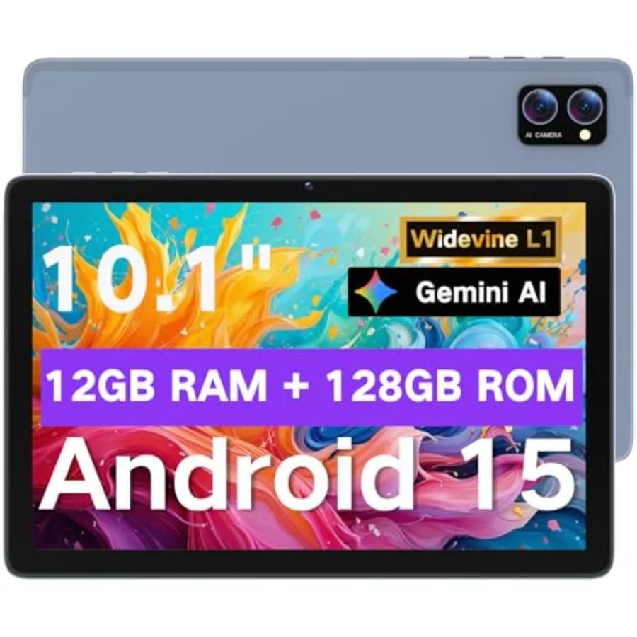 Tablet per gaming, lettura e apprendimento: touchscreen HD da 10,1 pollici, Android 15, 12GB RAM/128GB di memoria espandibile fino a 2TB, octa-core, Gemini AI 8