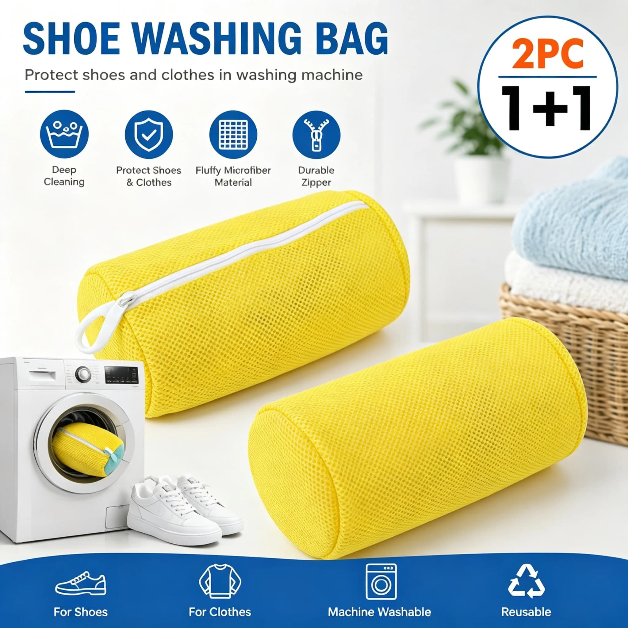 2Pcs Mesh Fabric Shoe Washing Bag 360 Degree Surround Cleaning Reusable Durable Machine Washable Laundry Bag with Zipper Closure