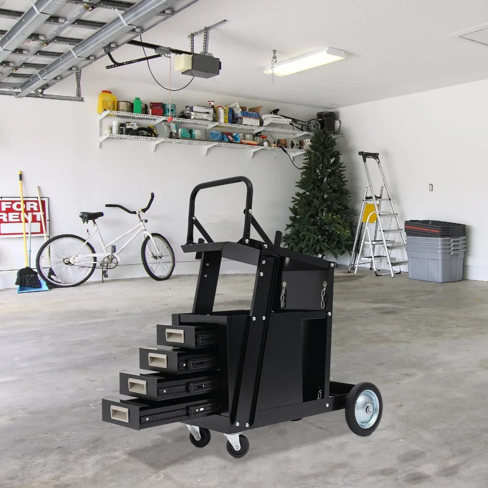Rolling Welding Cart with Comfort Grip Handle - Black Welder Trolley Equipped with 4 Storage Drawers, Mobile Workshop Tool Cart