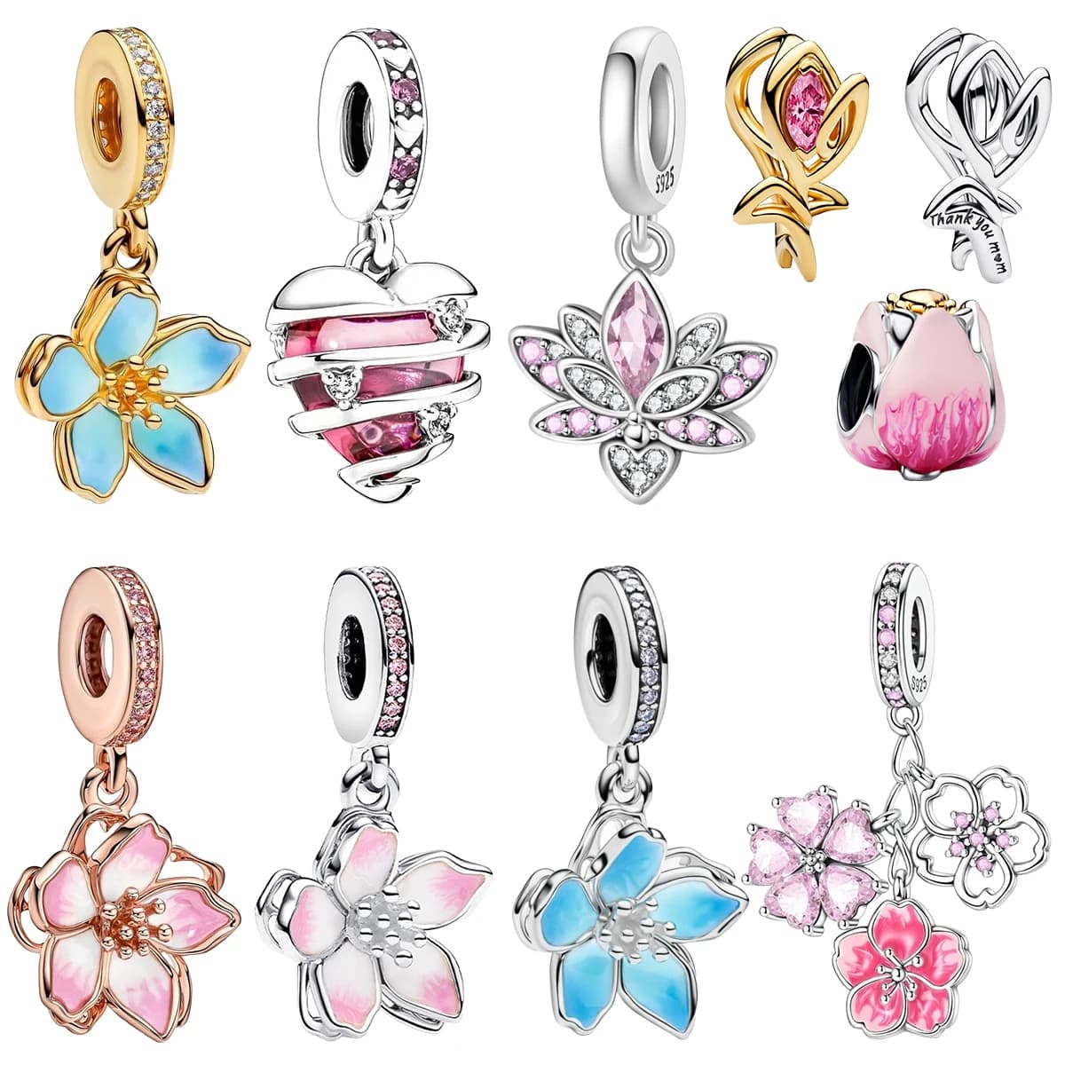 S925 Silver Romantic Floral Pendant with Cherry blossoms, Tulip and Lotus, Enamel and Gemma Set, for Bracelets and Fai-da-Te necklaces, Jewellery Gift for Women