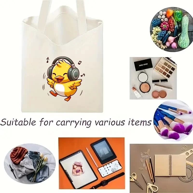 Borsa tote in tela con stampa simpatica anatra musicale, borsa a tracolla casual, borsa riutilizzabile ecologica per la spesa, borsa portatile per tutti i giorni