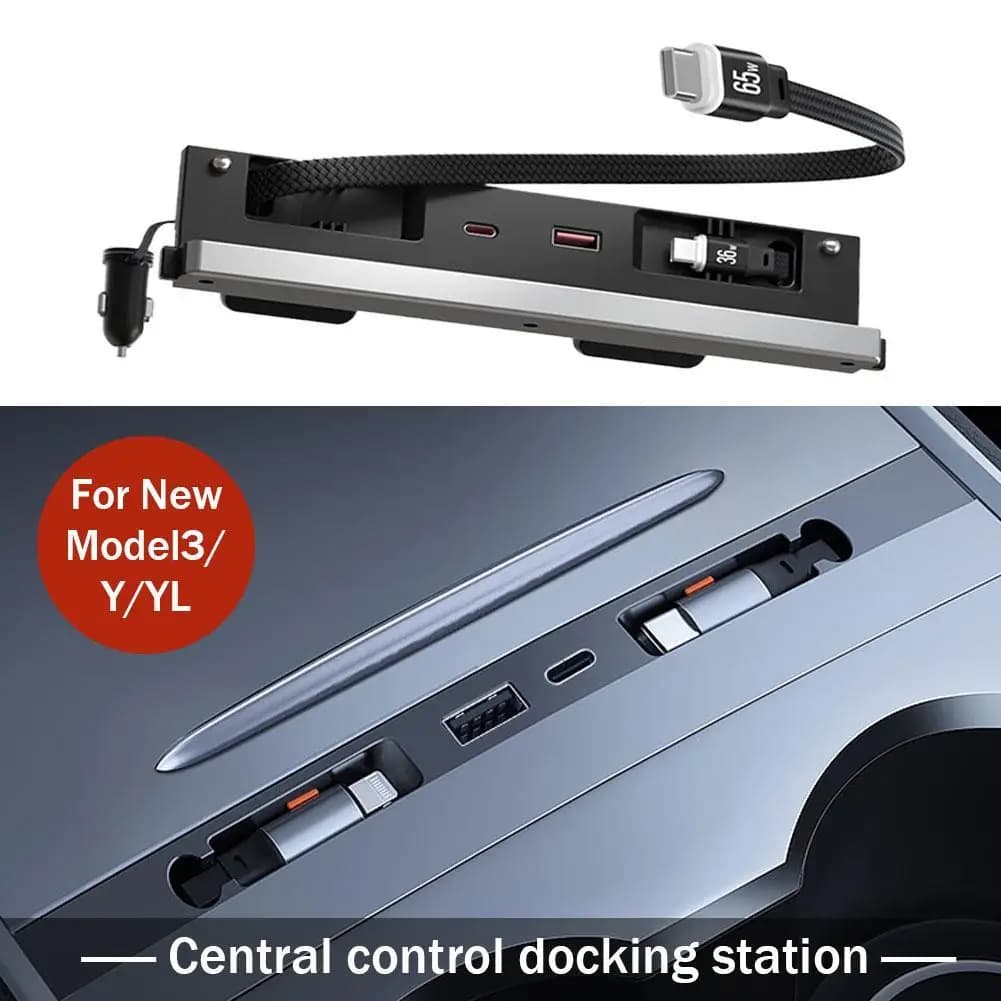 Car Central Control Docking Station USB A Type C Hub Charger for Tesla Model 3/Y/YL Retractable Charging Cable Adapter
