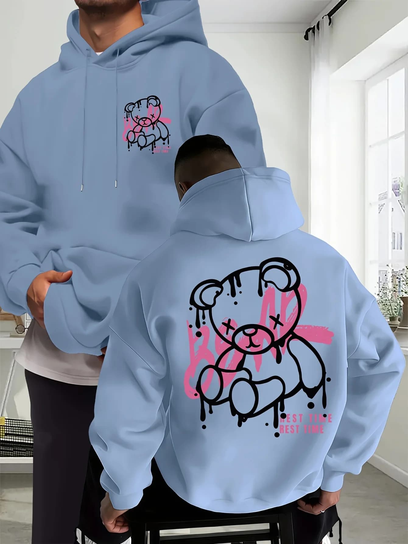 Streetwear Broken Bear Graffiti Letter Graphic Hoodie Pullover Unisex Loose Fleece Lined Autumn Winter