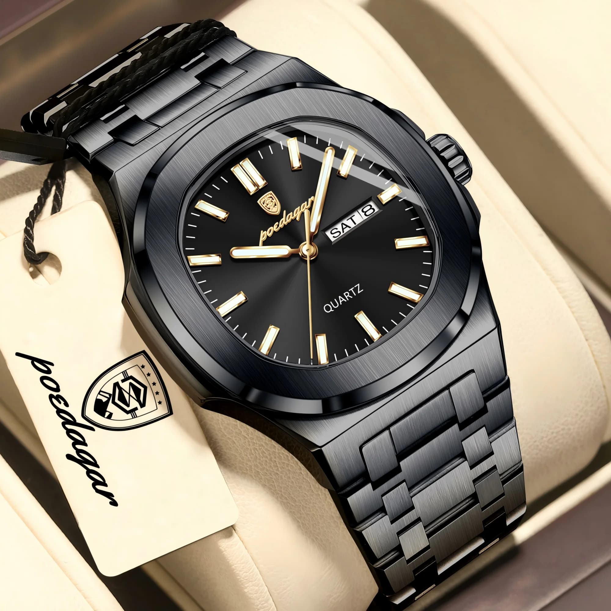 Orologio da Polso POEDAGAR Quadrato di Lusso per Uomo, Impermeabile, Luminoso, con Data e Giorno, al Quarzo, in Acciaio Inossidabile, Moda Maschile