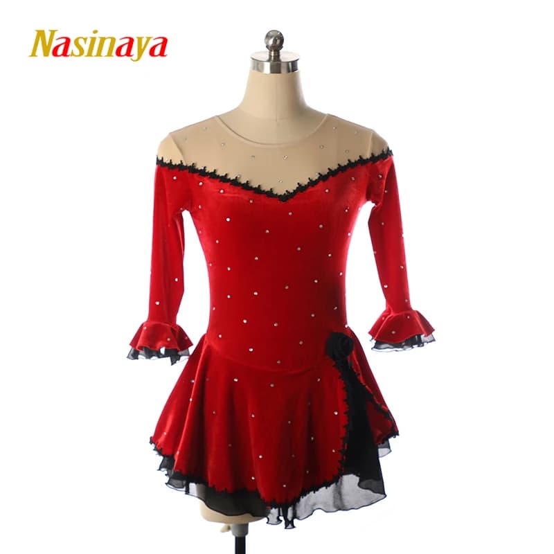 Abito Personalizzato per Competizioni di Pattinaggio Artistico Nasinaya Nero Rosso Vestito da Ginnastica Ritmica per Donna