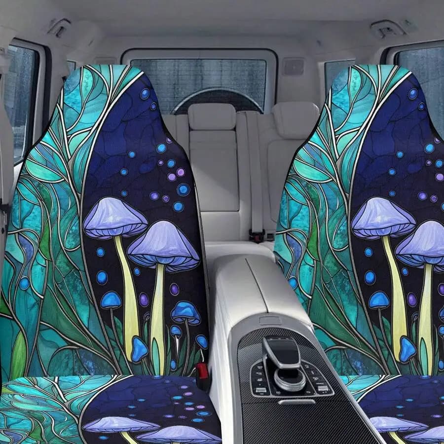 2-Piece Car Seat Cover Set Blue Mushroom Leaf Pattern Universal Non-Polyester Fabric