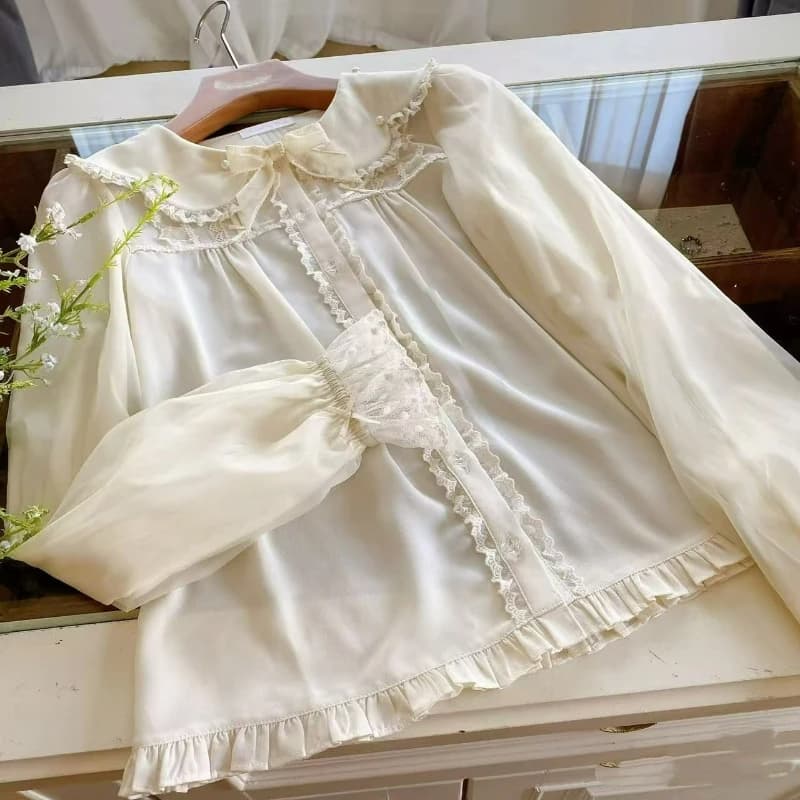 Camicie in Stile Lolita Kawaii Giapponese per Donne, Dolci Bluse con Volant e Pizzo, Colletto Peter Pan, Top Eleganti e Carini Vintage Autunnali
