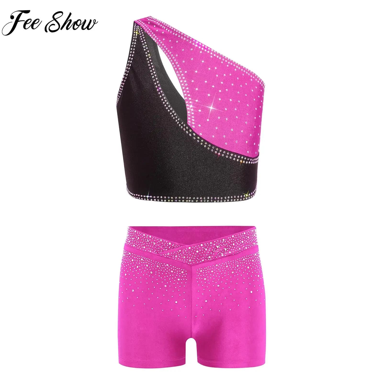 Completo per Pattinaggio Artistico su Ghiaccio per Ragazze, Top Monospalla Senza Maniche + Pantaloncini, Set per Balletto, Ginnastica e Danza