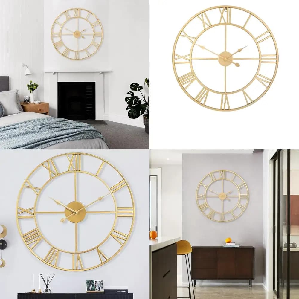 Rustic Golden Metal Round Wall Clock, Silent, Battery, For Living Room, Bedroom, Kitchen