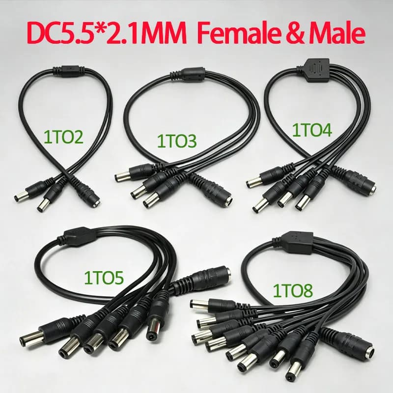 Cavo Splitter di Alimentazione DC 1-2/3/4/5/8 Vie per Telecamera CCTV, Connettore Femmina a Maschio 2.1*5.5mm, Adattatore per Alimentazione