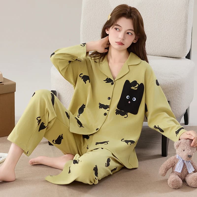 Taglie forti M-4XL Pigiama da donna in cotone lavorato a maglia primaverile e autunnale Indumenti da notte femminili con colletto rovesciato a maniche lunghe