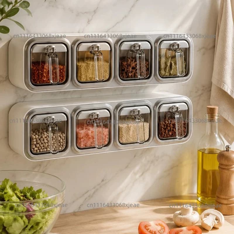 Wall Mount Spice Rack Organizer Sugar Bowl Salt Shaker Seasoning Container Storage Set Spice Boxes Kitchen Supplies