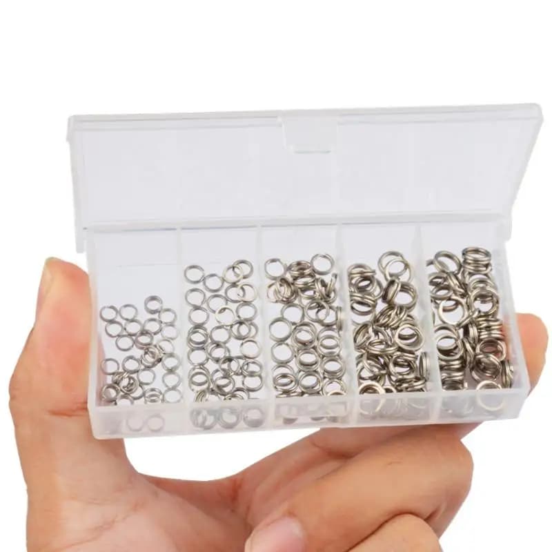 200PCS Stainless Steel Fishing Split Rings Set 5 Sizes High Strength Large Tensile Force Lure Connector Loop for Tackle Box