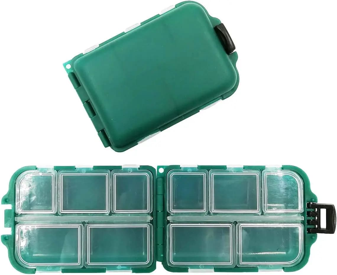 2x Small rigid box for fishing gear with 10 compartments, portable case for storing hooks, baits and artificial baits (green)