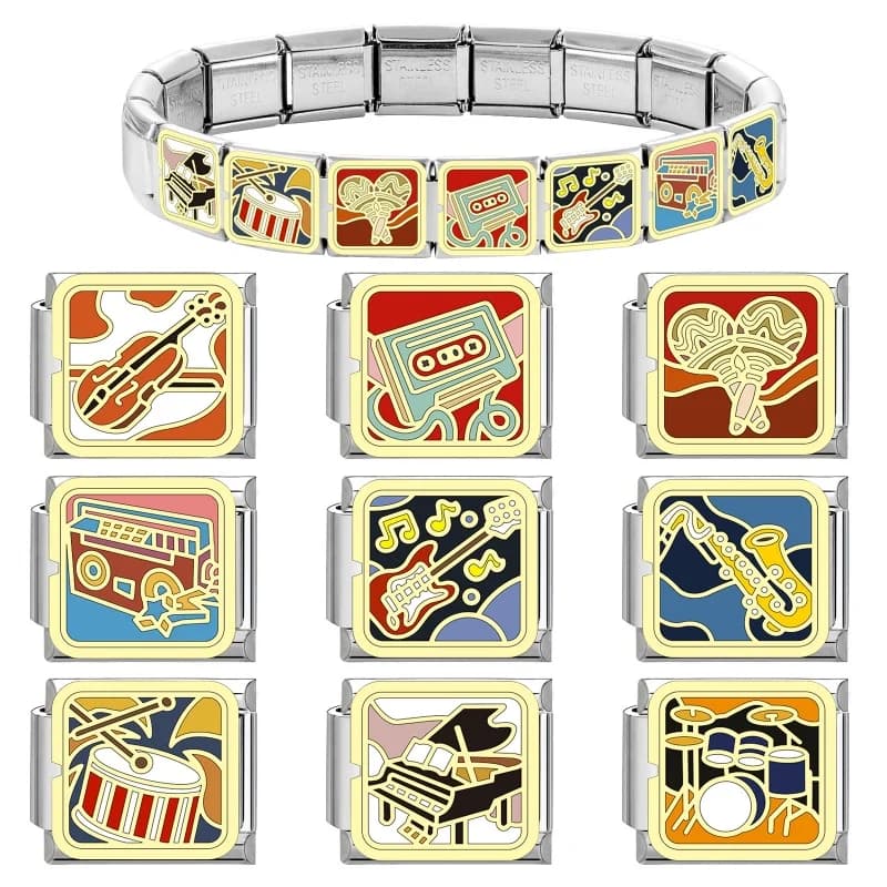 Nuovi Elementi Vintage per Strumenti Musicali, Charm a Forma di Pianoforte e Chitarra, Compatibili con Bracciali in Acciaio Inox da 9mm, per Creazione di Gioielli Fai-da-Te