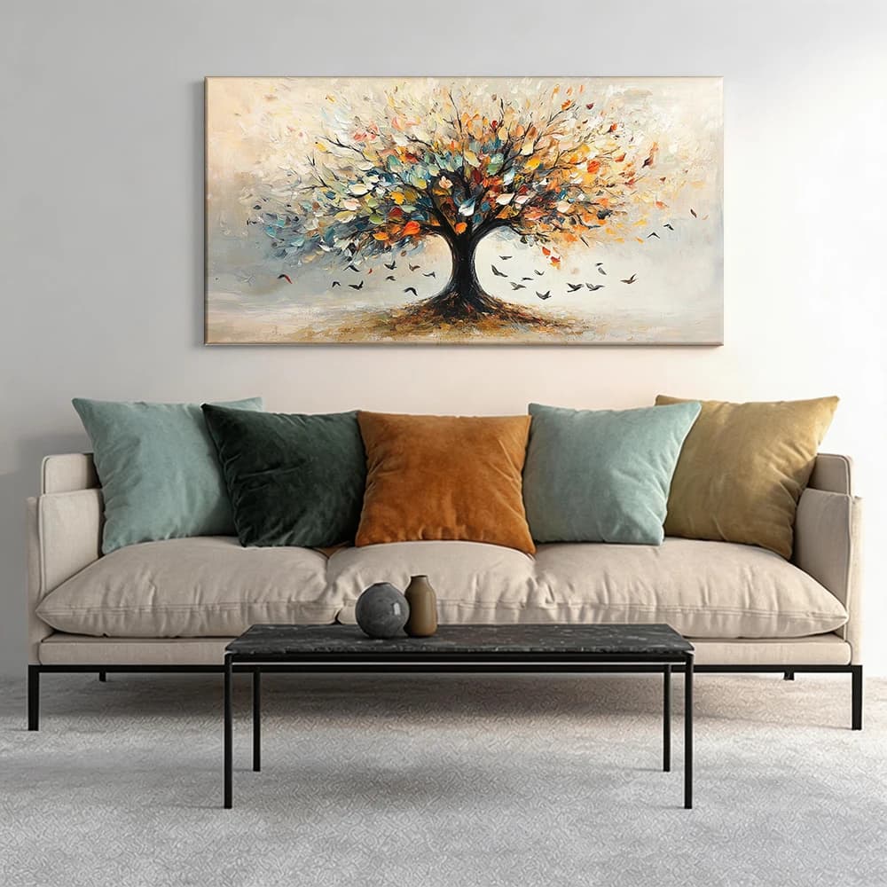 Painted on canvas with large wooden frame, 1 piece, Colored tree with flying birds.