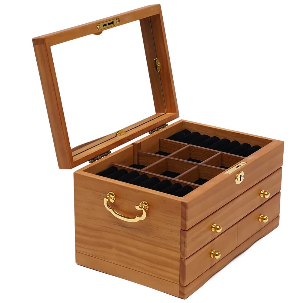 Portagioie in Legno a 3 Livelli con Serratura, Stile Vintage con Specchio per Camera da Letto e Spogliatoio, Organizzatore per Anelli, Orecchini e Collane