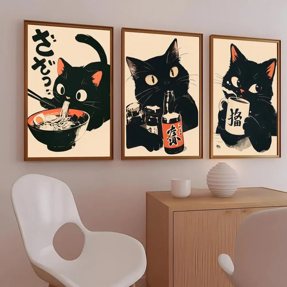 Retro Cute Black Cat Painting Calligraphy Frameless Canvas Posters Set Inkjet Printing Wrinkle-Free Wall Art Home Decor
