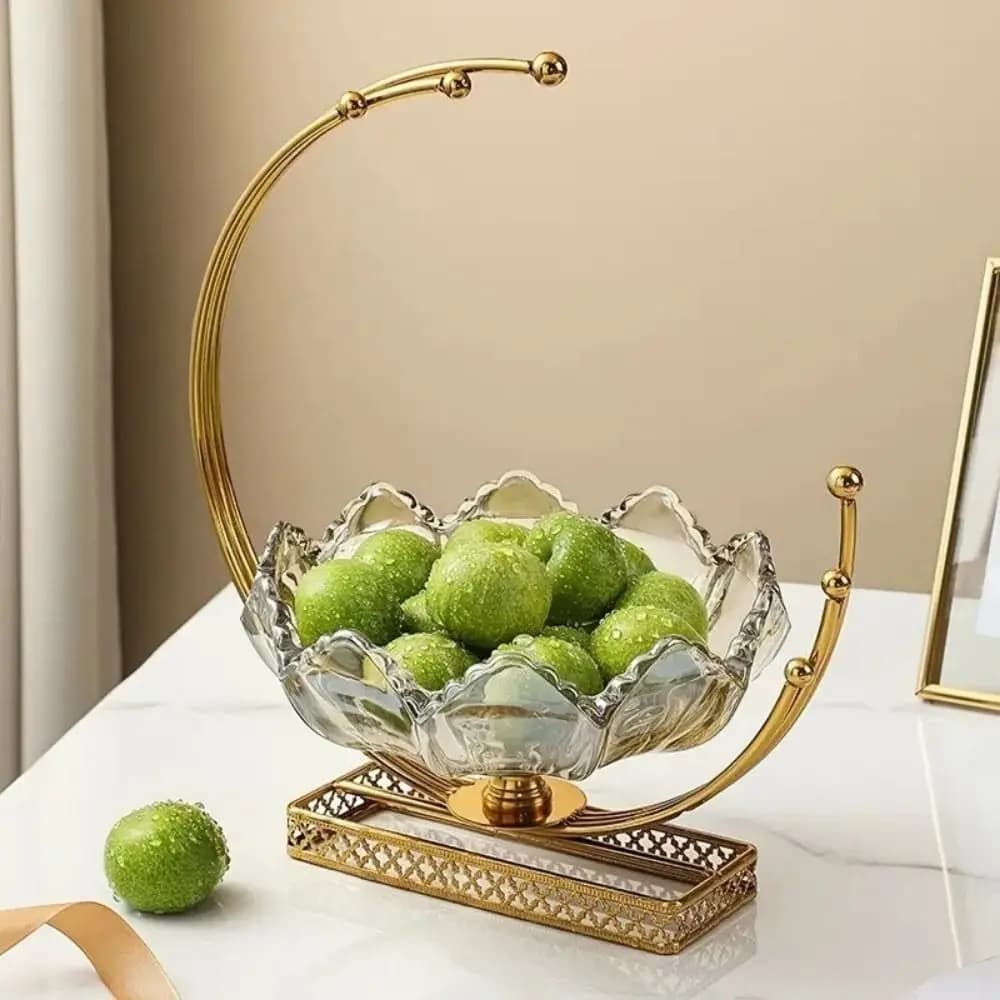 Glass Flower Basket Shape Fruit Plates Large Capacity Metal Frame Amber Petal Glass Bowl Decorative Dried Fruit Plate