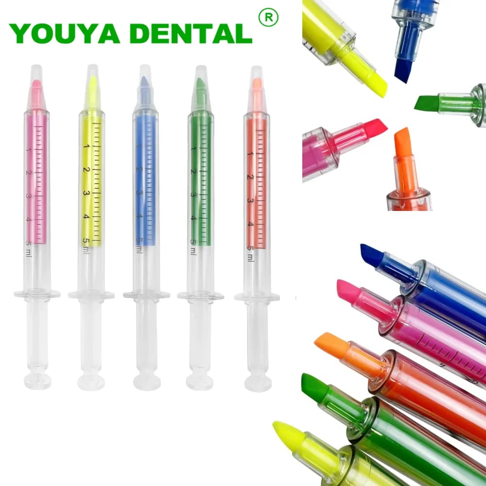 50 Pezzi Pennarelli Creativi a Forma di Siringa Dentale, Evidenziatori Colorati, Penne Fluorescenti, Forniture Scolastiche, Regali per Dentisti