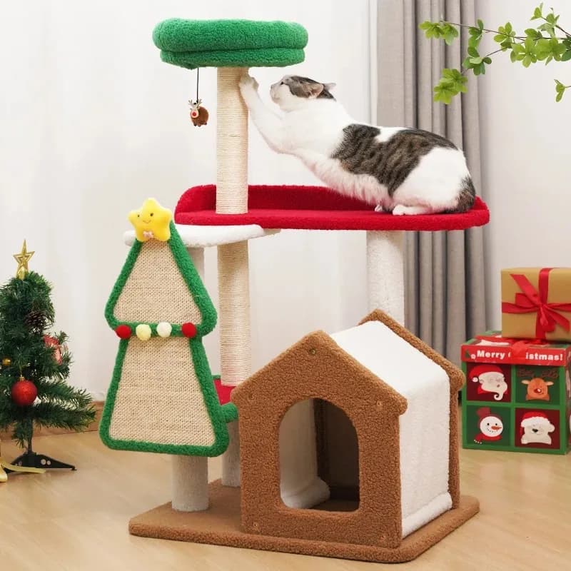 Nuova linea di alberi per gatti della serie natalizia, grande, piccolo, di medie dimensioni, in sisal, per raschietti per gatti, struttura da arrampicata in legno