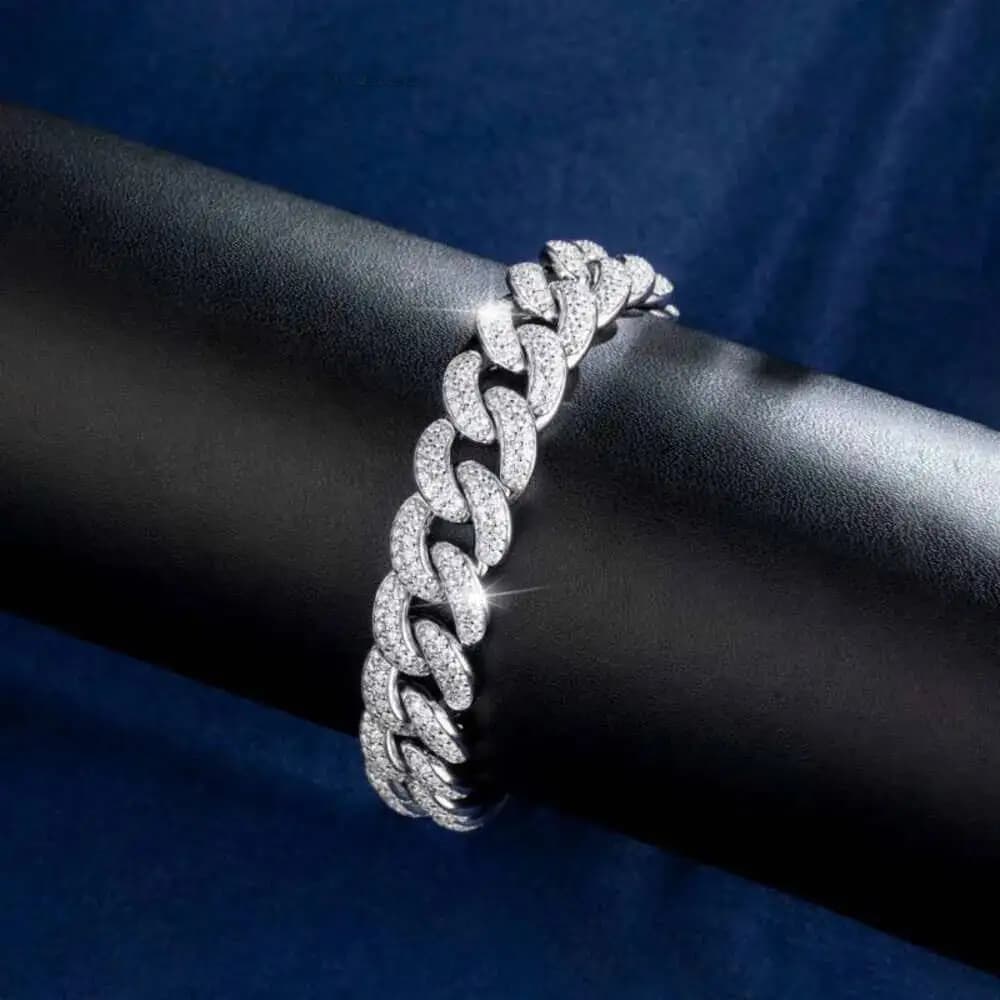Luxury Iced Out Hiphop Fine Jewelry 925 Silver 10mm Width 2 Rows Excellent Cut Diamond Moissanite Cuban Link Bracelet.