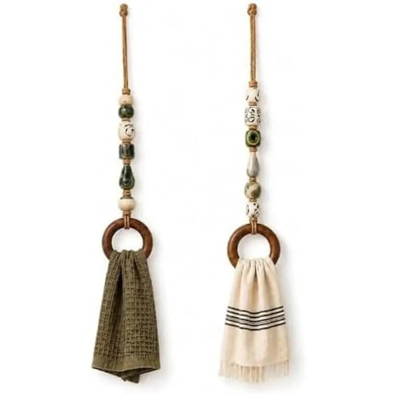 ABZV-Wooden Ring Decorative Beaded Towel Hanger 2 Pack For Bathroom And Kitchen Hanging Rack With Beads
