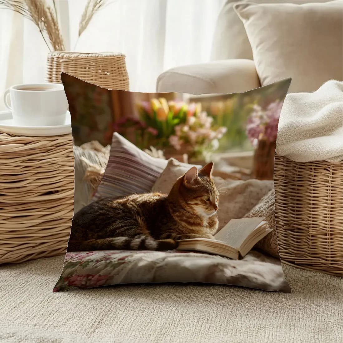 Federa per cuscino decorativa a doppia faccia con simpatici gatti e conigli che leggono libri di fiabe, 1 pezzo, per divano, letto e testiera