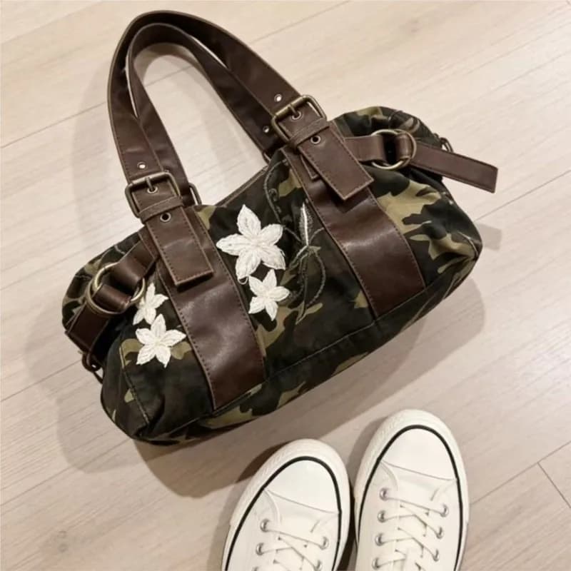 Retro Camouflage Bowling Bag Women Floral Embroidery Belt Decoration Large Capacity Handbag Ladies Harajuku Casual Style Bag New