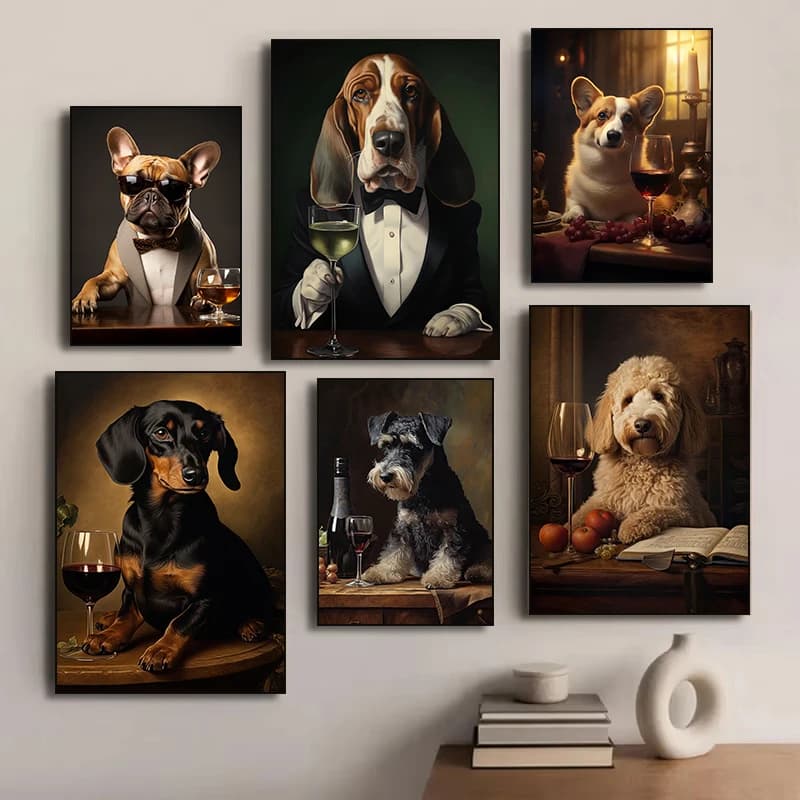 French Bulldog German Shepherd Dachshund with Wine Dog Portrait Poster Print Canvas Painting Funny Wall Art Kitchen Home Decor