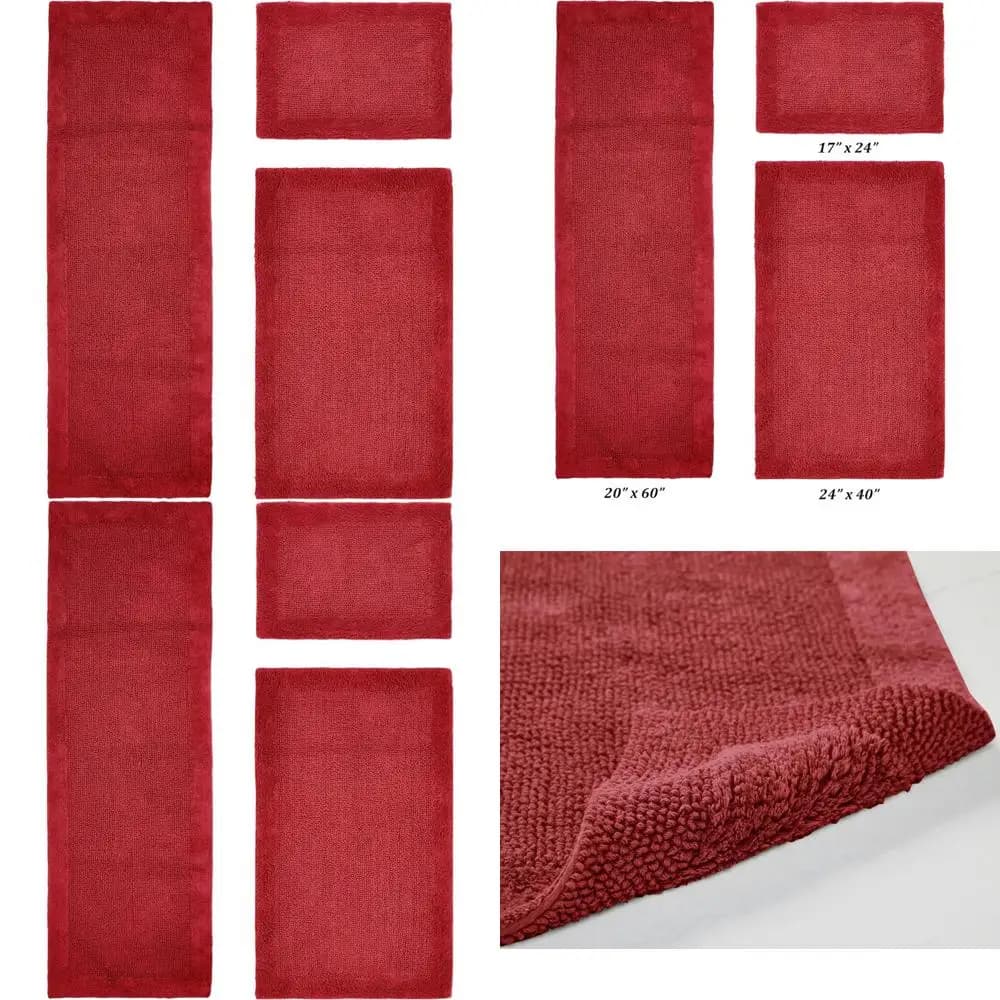 Set di Tappetini da Bagno Reversibili 100% Cotone - Lavabili, Confortevoli, ad Asciugatura Rapida per Vasca e Doccia, Bordo Rosso
