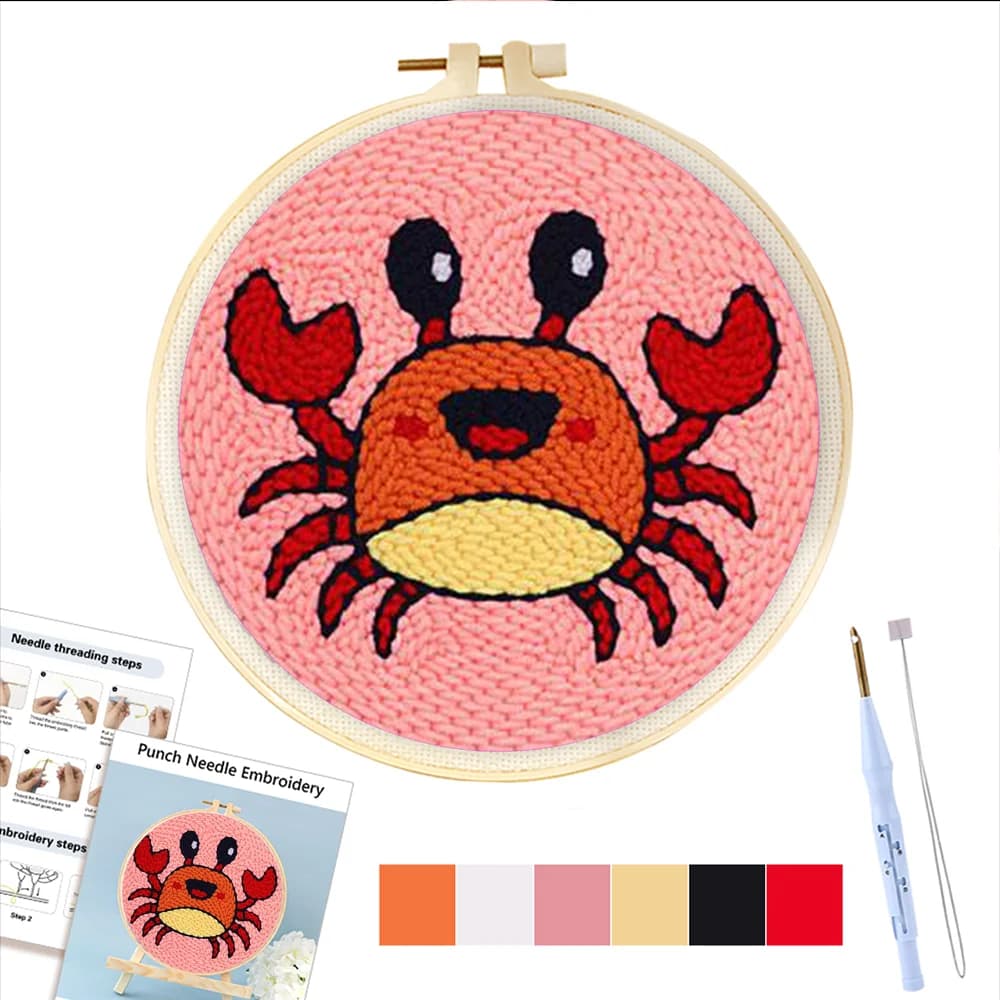 RUOPOTY Crab Punch Needle Coasters Kit Handmade Easy Punch Needle Embroidery For Adults Set Sewing Kit Tufting Coaster Home Deco