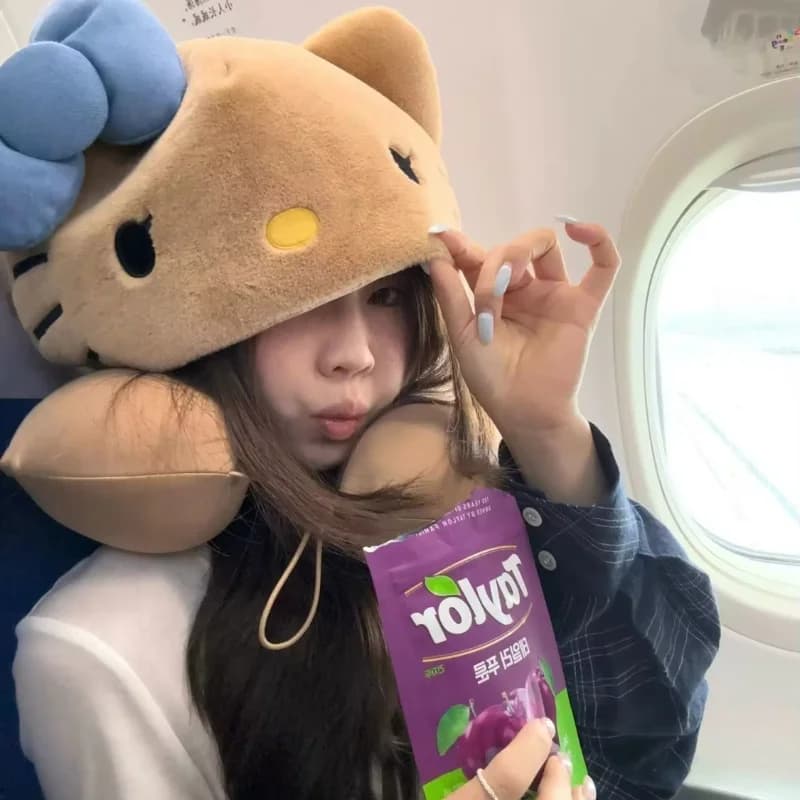 Kawaii hooded U-shaped neck pillow plush travel headrest with adjustable drawstring, airplane train office nap, sleep support