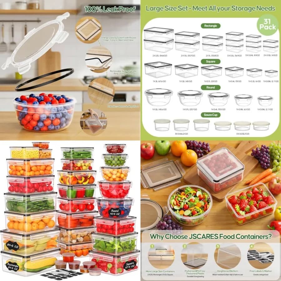 Set di 62 Contenitori per Alimenti con Coperchi Ermetici, 31 Coperchi e 31 Contenitori - 85 OZ, Riutilizzabili in Plastica, a Prova di Perdite, per Preparazione Pasti