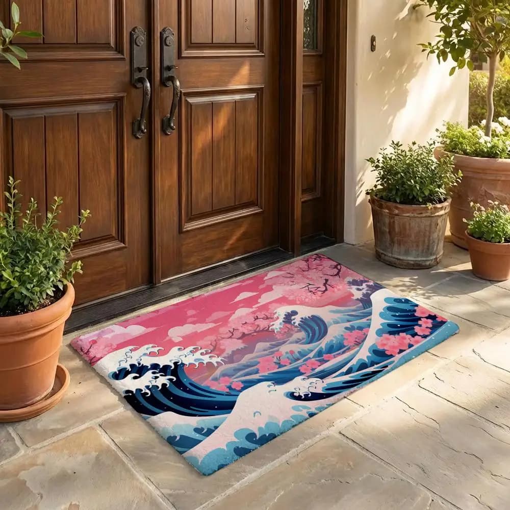 Tappetino in flanella con motivo Blue Wave con fiori di ciliegio, tappetino antiscivolo per camera da letto, soggiorno, decorazioni per la casa
