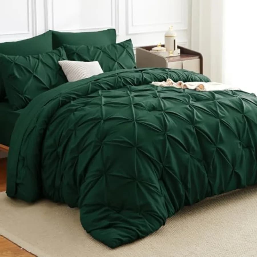 Set Letto Pintuck 7 Pezzi King Size Verde Smeraldo con Piumone e Lenzuolo Piatto per Tutte le Stagioni
