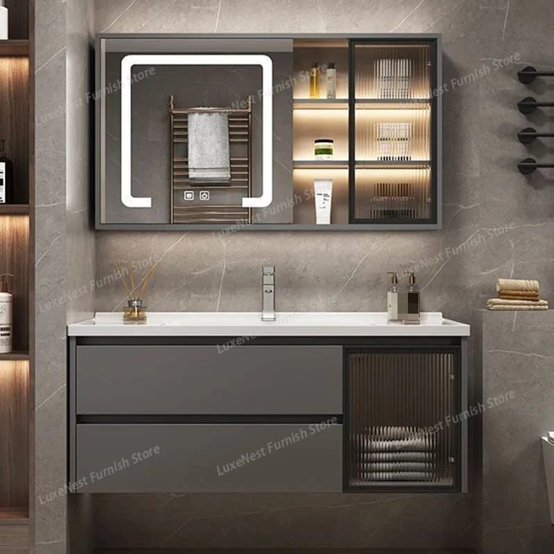Mobile Bagno con Lavabo Integrato in Ceramica, Combinazione di Stoccaggio con Armadietto a Specchio, Mobili Laccati per Bagno e Toilette