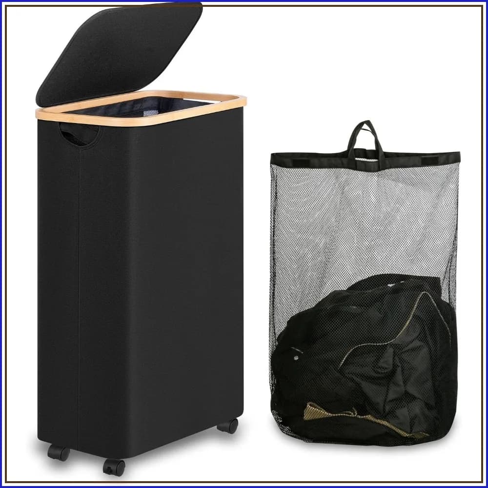 75L Rolling Laundry Hamper with Lid, Foldable Clothes Basket with Wheels, Bamboo Frame & Removable Bag for Bedroom, Dorm, Laundry Room, Black