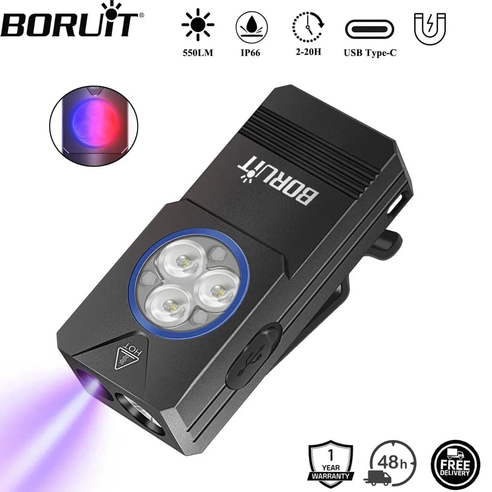 BORUiT EV30 550LM EDC Flashlight Type-C Rechargeable UV LED Flashlight with Magnet Camping Pocket Lantern